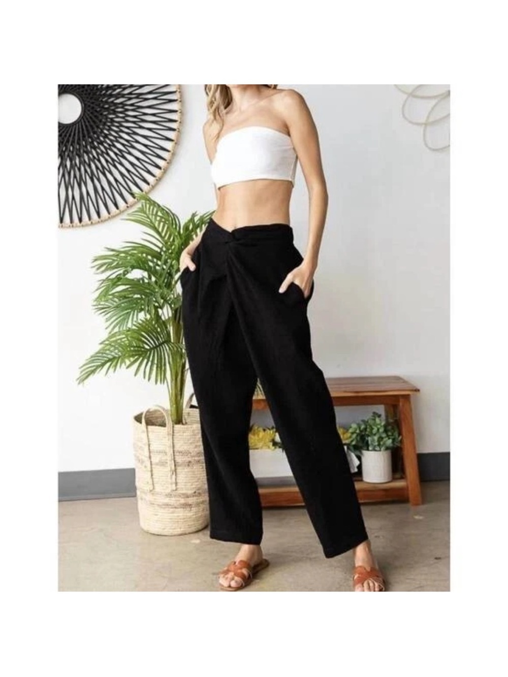 BUCKETLIST Black Gauze Wide-Leg Twist Front Pants | M